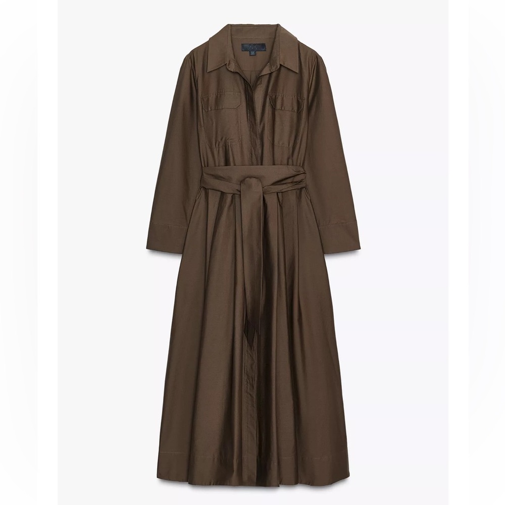 Zara Chocolate Brown Midi Shirt Dress with Tie Waist - Picture 8 of 12